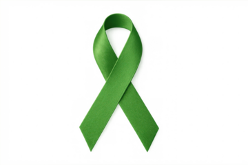 Green awareness ribbon representing mental health, organ, and tissue donation awareness, displayed against transparent backdrop for supportive graphic design use