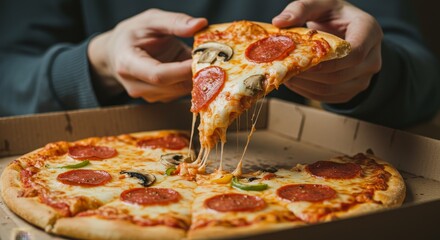 Close-up of Person Holding Slice of Pepperoni Pizza with Melted Cheese
