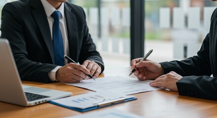 Close Up of Two Businessmen Signing Agreement In Office With Graph