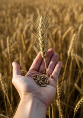 Close Up of Wheat Grain in Hand Golden Agriculture Harvest