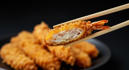 Close Up Photo of Crispy Fried Shrimp Tempura with Chopsticks