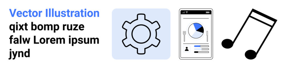 Gear for settings, smartphone screen with a data chart, and a music note for creativity. Ideal for tech, analytics, entertainment, productivity, innovation, apps simple landing page