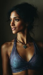 A woman with a necklace and a purple top