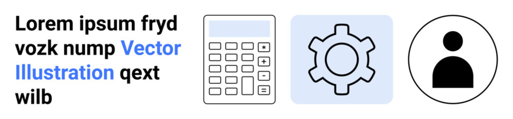 Calculator, gear, and user icon in minimalist blue and black style showcasing technology, settings, and individuality. Ideal for tech interfaces, business management, user settings, calculation app