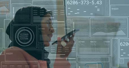 Woman bringing smartphone to mouth and dictating command in office, animating technology data chart - Powered by Adobe