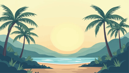 Tropical Beach With Palm Tree Mountain View