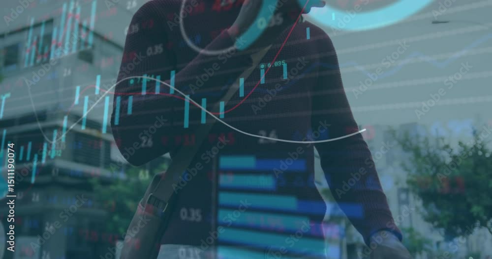 Poster man finishing phone call at bike studying finance chart with animated graphs scanning skyline