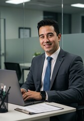 Confident Businessman In Suit Portrait In Office With Laptop