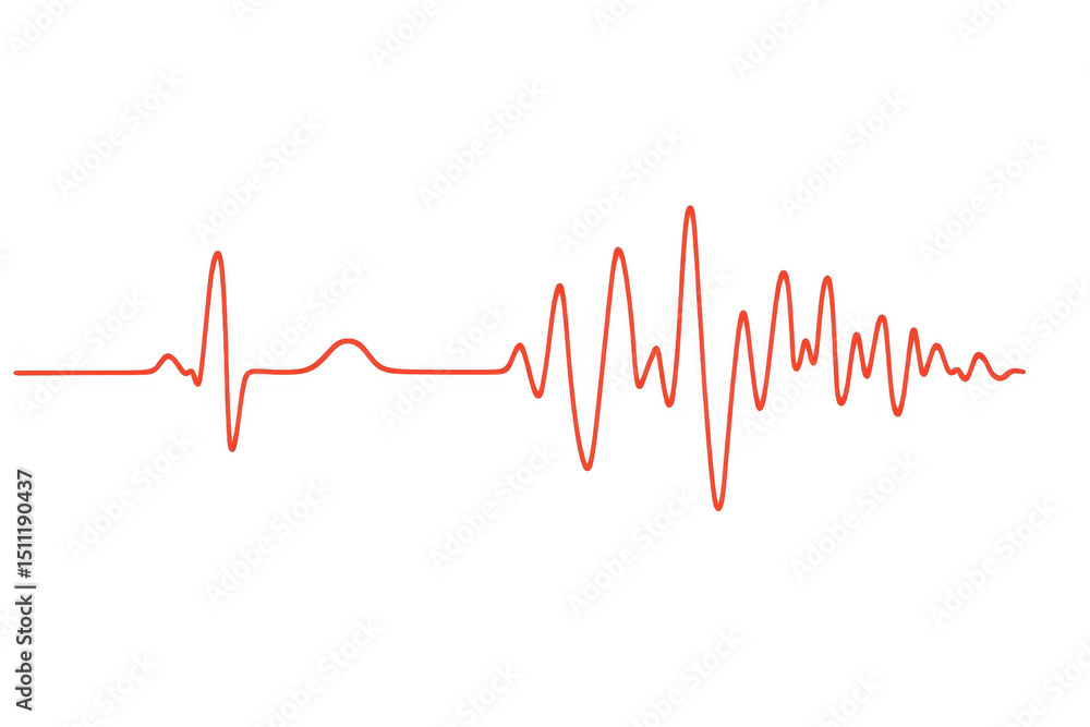 Poster sound wave oscillating, dynamic red signal representing audio frequency on transparent backdrop