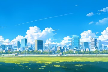 Anime illustration, cityscape, modern and traditional architecture, green field, nature and urban life, tranquility, digital painting.