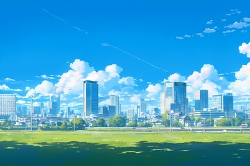 Cityscape with glass skyscrapers and greenery against bright blue sky and grass.