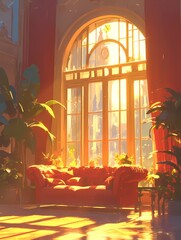 Anime illustration of a warm room interior with sunlight and red sofa