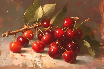 Anime style oil painting of red cherries