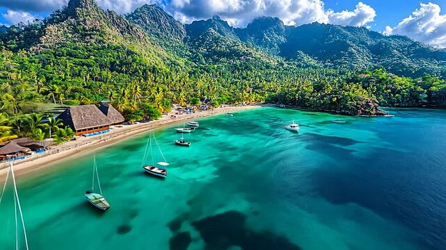 Tropical Paradise: Secluded Beach Cove with Boats and Lush Mountains