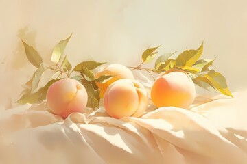 Realistic oil painting of three peaches.