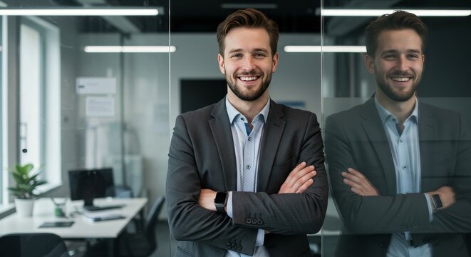 Portrait of Confident Businessman in Suit Smiling in Modern Office