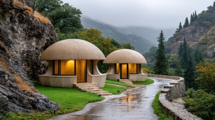 Modern dome shaped structures in mountain landscape