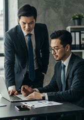 Corporate Businessmen In Suits Working Together in Office Using Laptop