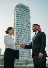 Corporate Handshake at Contemporary Building Business Deal Success