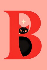 Stylized illustration, red and pink colors, cat peeking out, star, sparkle, playful modern aesthetic, graphic design element.