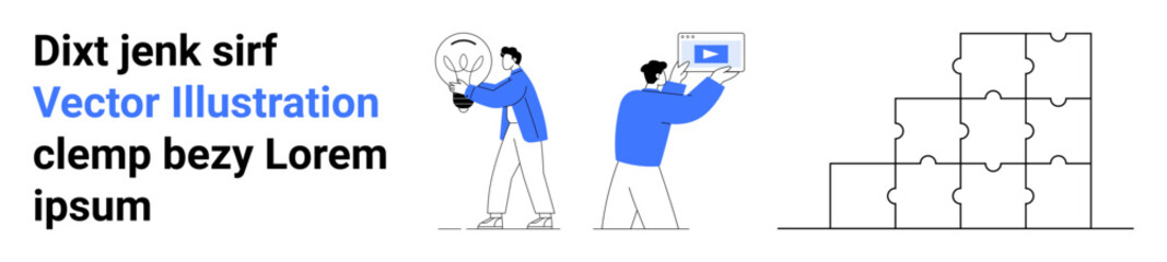 Two individuals collaborating one holding a glowing light bulb and the other with a video display. Puzzle blocks complete the scene. Ideal for teamwork, creativity, innovation, education