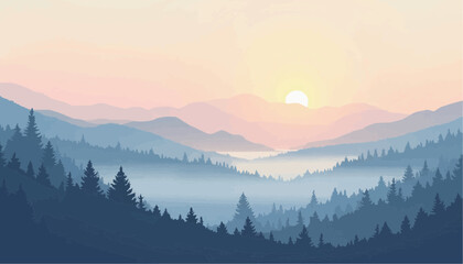 Obraz premium Mountain range at sunrise with fog over forest