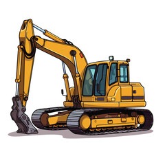 Vibrant Cartoon Illustration of Heavy Construction Machinery Excavator in Action