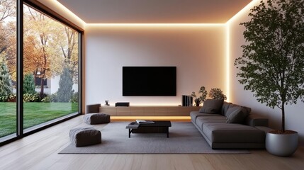 Modern Living Room Interior With Large Window Sectional Sofa And Garden View With Warm Lighting