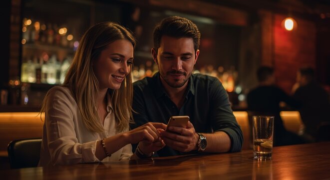 Couple With Smartphone Enjoying Nightlife At Bar With Drinks - Powered by Adobe