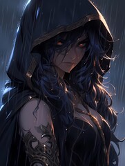 Hooded anime sorceress in rain, red eyes glowing, dark cloak, fantasy art