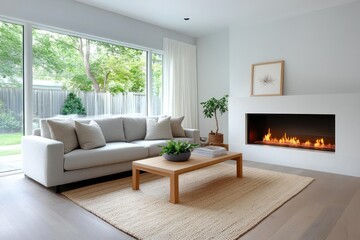 Modern Living Room Interior With Fireplace Neutral Colors Sofa And Wooden Coffee Table