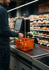 Customer Paying at Supermarket Checkout with Orange Basket Photo