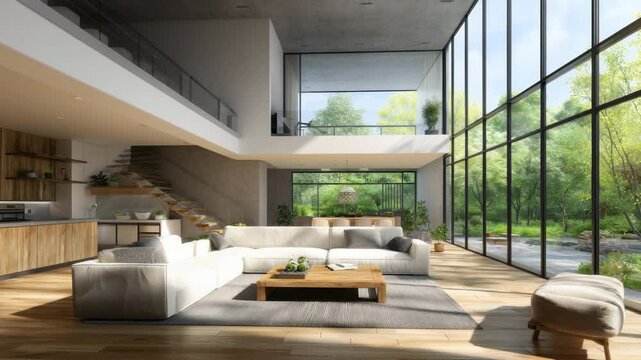 Interior design showcases a modern living room with nature views and a spacious open floorplan