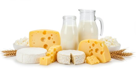Dairy Still Life with Cheese and Milk on White Background Photo