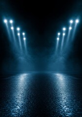 Dark Blue Background with Lights Reflection on Stage with Empty Space