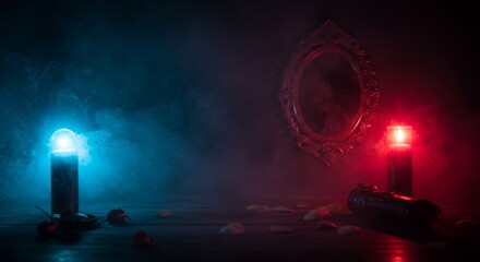 Dark Candlelight Ambiance with Smoke and Blue and Red Illuminated