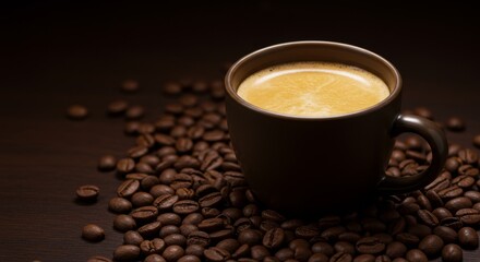 Dark Coffee Brown Mug with Espresso Beans Still Life Photograph