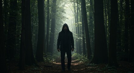 Dark Forest Photo Man in Hood Amidst Tall Trees Scenic Pathway