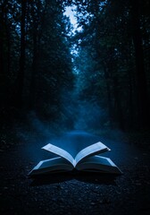 Dark Forest Photo Featuring Open Book on Path With Eerie Light