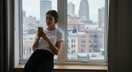 Daylight Indoor Woman With Phone In City Building View From Window