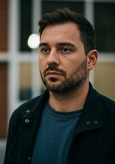 Daylight Portrait of Serious Bearded Man Outdoors in Urban City