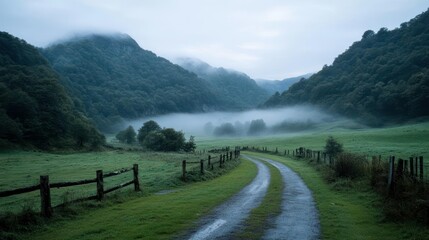 Winding Dirt Road Through a Green Valley With Rolling Hills Under Overcast Sky