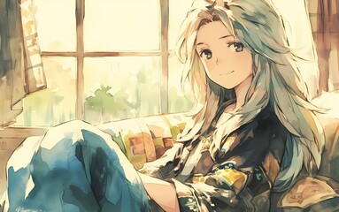 Anime woman with light blue hair sitting on couch, smiling warmly, soft sunlit portrait.
