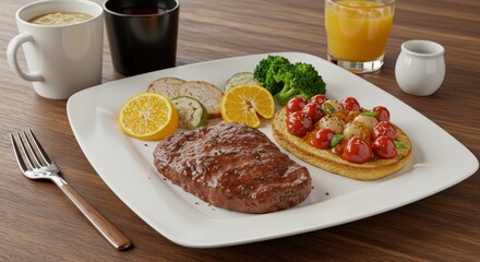Delicious Steak with Vegetables and Orange Illustration on Plate