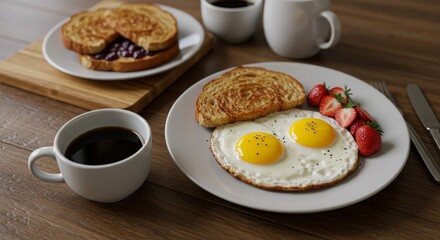 Delicious Toast Sunny Side Up Eggs and Coffee Breakfast on Table
