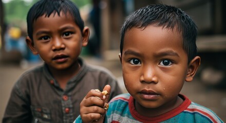 Portrait of Two Young Asian Boys Close-Up Faces Looking at Camera