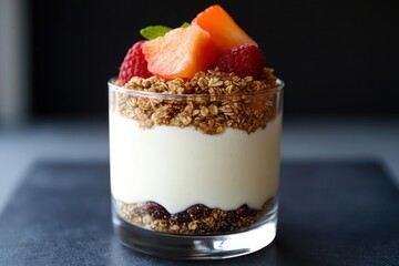 Layered Parfait Dessert With Granola Yogurt And Fresh Fruit Served In Glass On Dark Surface