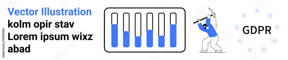Poster bar chart visualization, worker mining data, gdpr badge with stars. ideal for data privacy, complian