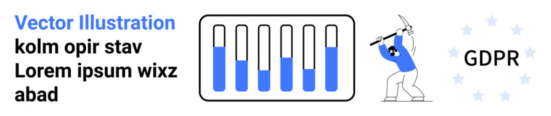 Bar chart visualization, worker mining data, GDPR badge with stars. Ideal for data privacy, compliance, security, analytics, EU regulations, digital transformation simple landing page