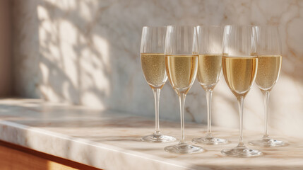 Fototapeta premium Close-up of multiple wine glasses filled with sparkling wine, arranged on a marble table